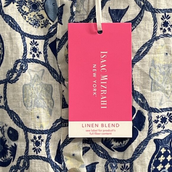Isaac Mizrahi New York Top Womens M Blue Fish Print Linen Blend Button Shirt - Picture 5 of 8